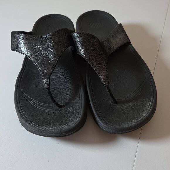 Fitflop Women's Glittered T-strap Faux Leather Toe Post Lulu Sandals Black Sz 10 - Picture 3 of 7